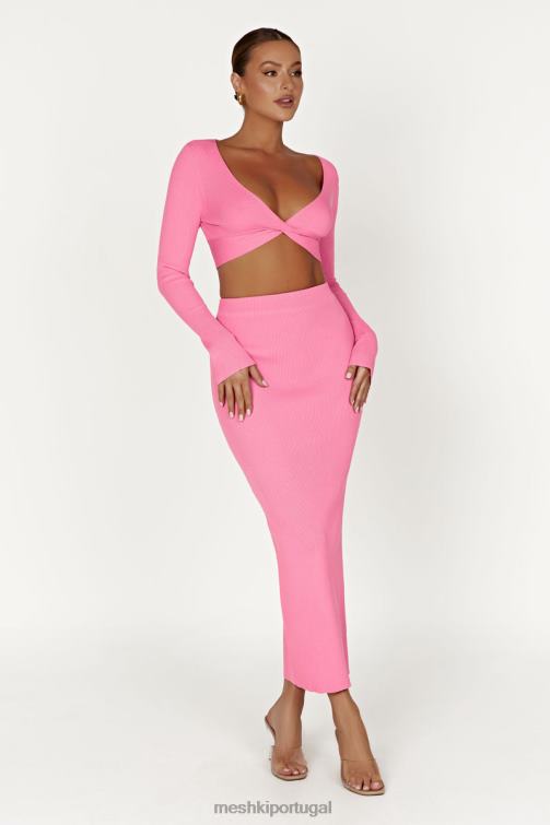 Meshki blusa de malha kaesha de manga comprida com torção na frente BLLT1070 roupas rosa chiclete