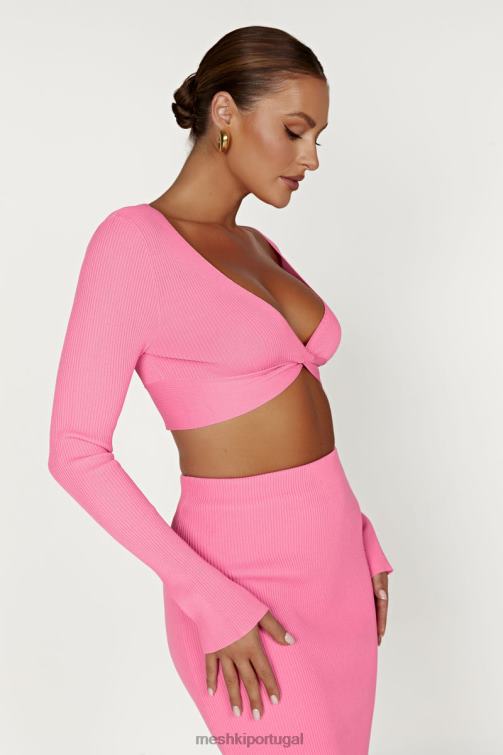 Meshki blusa de malha kaesha de manga comprida com torção na frente BLLT1070 roupas rosa chiclete