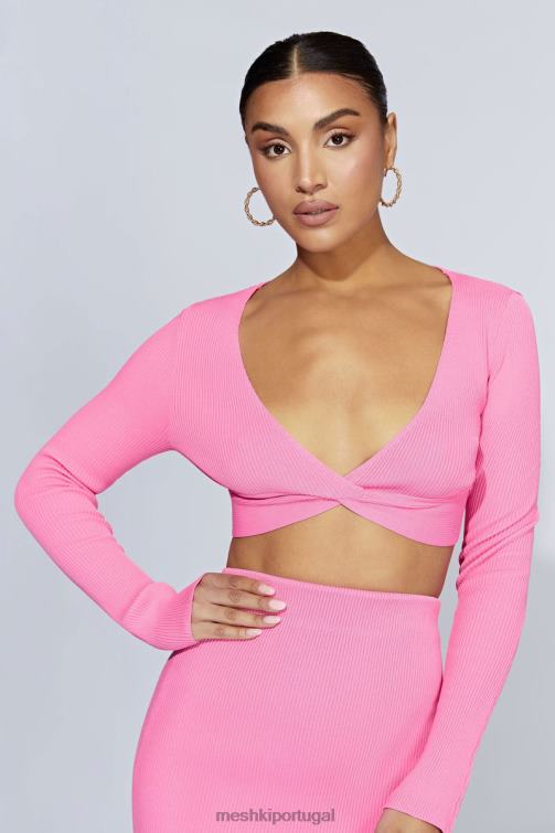 Meshki blusa de malha kaesha de manga comprida com torção na frente BLLT1070 roupas rosa chiclete