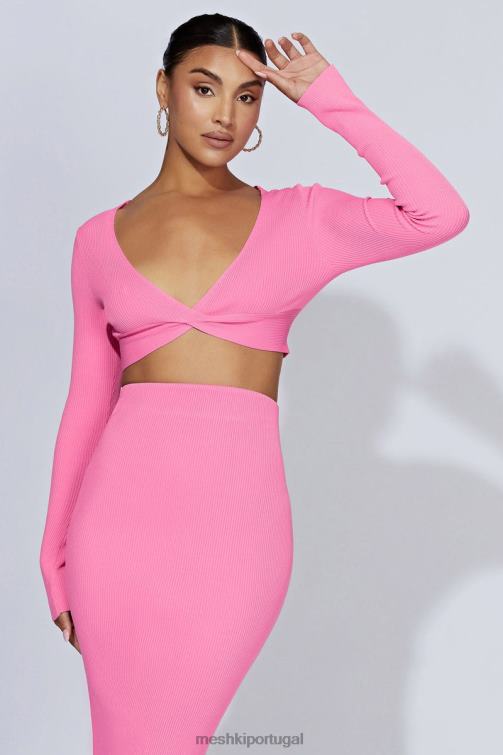 Meshki blusa de malha kaesha de manga comprida com torção na frente BLLT1070 roupas rosa chiclete