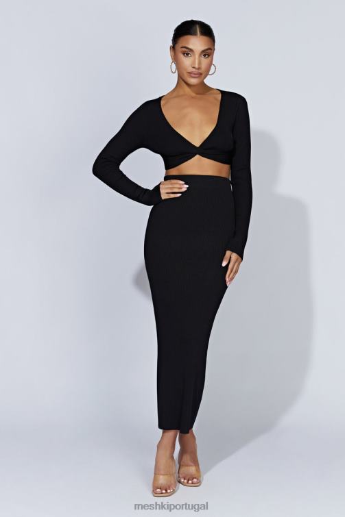 Meshki blusa de malha kaesha de manga comprida com torção na frente BLLT903 roupas preto