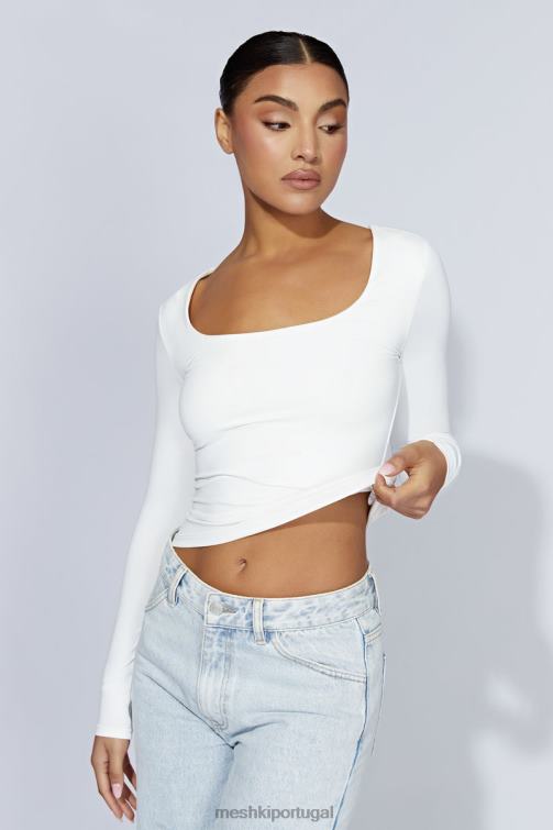 Meshki top de manga comprida com decote em urze BLLT947 roupas branco
