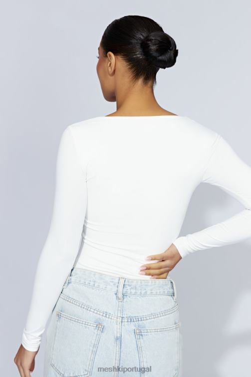 Meshki top de manga comprida com decote em urze BLLT947 roupas branco