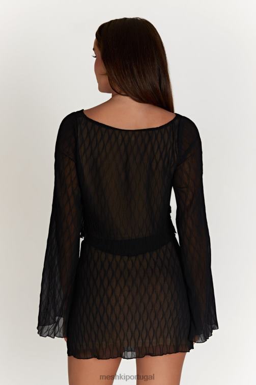 Meshki top de manga flare com pregas e ondas ivy BLLT1074 roupas preto