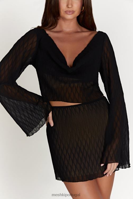 Meshki top de manga flare com pregas e ondas ivy BLLT1074 roupas preto