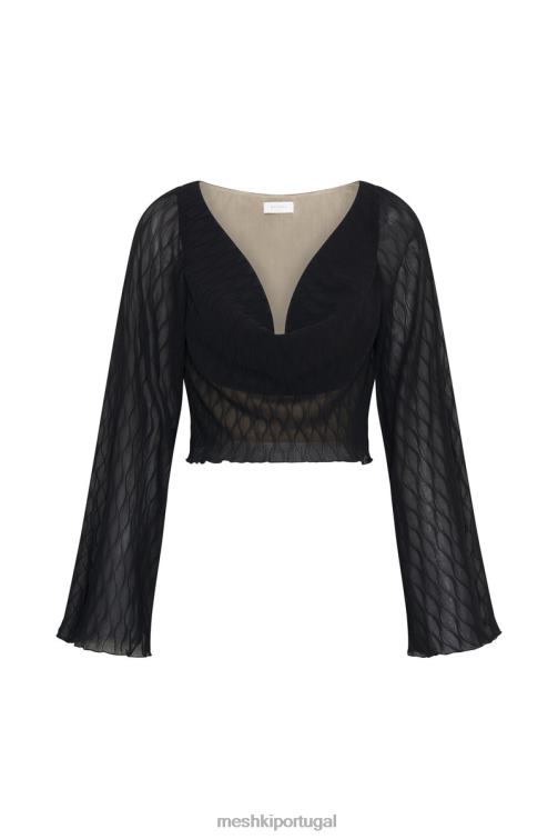 Meshki top de manga flare com pregas e ondas ivy BLLT1074 roupas preto